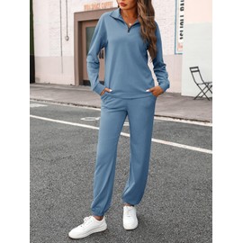 REORIA Women Cotton Half Zip Tracksuit Set Henley Neck Lounge Wear Sets Long Sleeve Two Piece Outfit Solid Color Co Ord Sets Grey Blue L