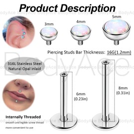 BodyAce Flat Back Earrings Opal Tragus Studs, 316L Stainless Steel Lip Bars Internally Threaded Labret Rings, 16G Helix Piercing Cartilage Nose Jewellery [BL:8mm;Top:5mm]