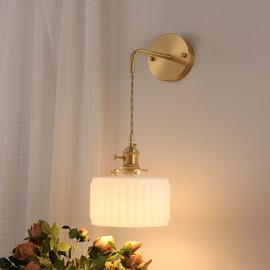 Shenmoyl Battery Operated Wall Sconce with White Striped Shade Pattern Glass Adjustable Chain Retro Gold Wall Mounted Light, Modern Wall Lamp Fixtures Decor for Bedside Bedroom Indoor Doorway