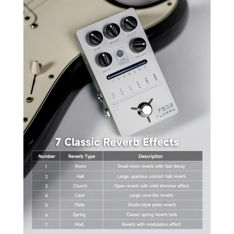 FLAMMA FS02 Reverb Pedal Stereo Guitar Effects with 7 Storable