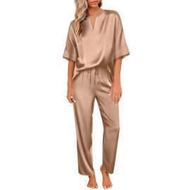 Ekouaer Womens Pajama Set Short Sleeve Sleepwear and Comfy Pjs Long Pant Two Piece Loungewear Set,Camel,M