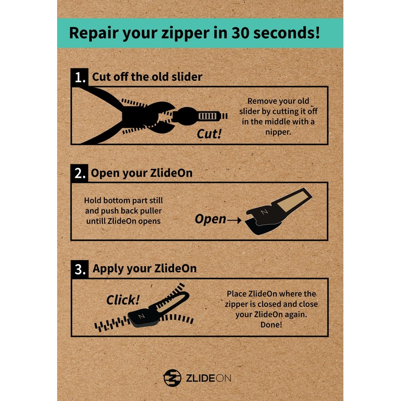 ZlideOn Zip Replacement, Silver, Waterproof (L), Pack of 1, Instant