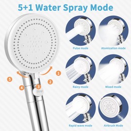 Shower Head with Hose 1.5 m, 6 Jet Types, Shower Head with Filter, Shower Head Water-Saving, Economy Shower Head with Stop Function, Hand Shower with Holder, Silver Shower Head for Bathroom and Shower