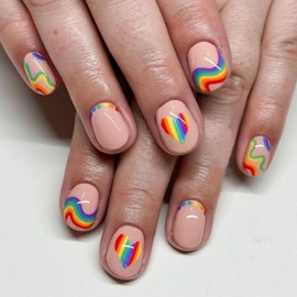 Valentines Press on Nails Short Square Fake Nails Nude Pink Glue on Nails Rainbow Swirl False Nails with Design Cute Acrylic Nails Full Cover Glossy Stick on Nails Artificial Nails for Women Girls