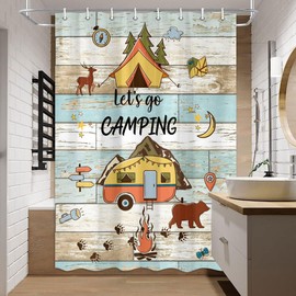 RV Shower Curtain for Camper, Retro Rustic Wood Happy Camper Shower Curtain, Travel Trailer Camping Stall Shower Curtains, Waterproof Fabric Small Size Narrow Shower Curtain with Hooks, 47X64IN