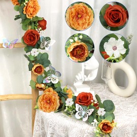 HOMENERGY 4 Pack 5.9 FT Artificial Flower Garland with Butterflies Fake Rose Garland Faux Greenery Eucalyptus Garlands for Wedding Table Backdrop Arch Centerpieces Decorations -Terracotta Burnt Orange