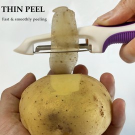 PNEATDEZ Vegetable Potato Peeler for Kitchen, 1 Piece Serrated Peeler for Soft Skin, 2 Pieces Straight Peeler for Apple Fruit Veggie, with Silicone Handle (Set of 3, Pink/Purple/Green)