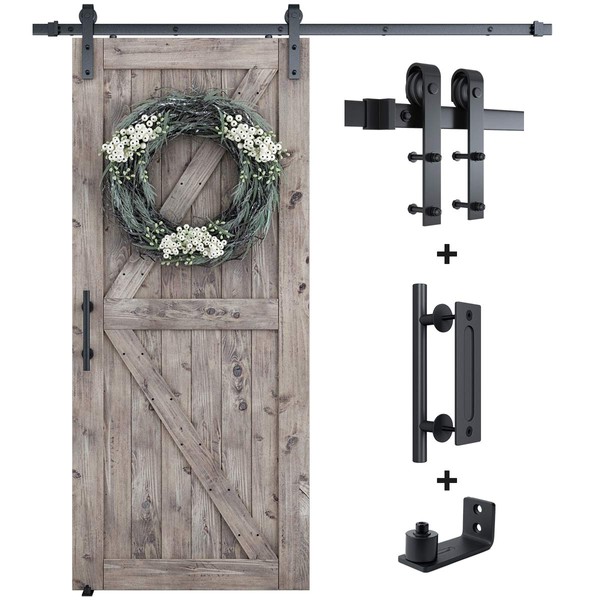 SMARTSTANDARD 6.6FT Sliding Barn Door Hardware Whole Kit (Include 6.6ft Track Kit & Pull Handle Set & Floor Guide), Smoothly and Quietly, Easy to Install, Fit 36"-40" Wide Door Panel (J Shape)