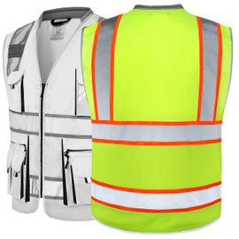 JKSafety 10 Pockets Class 2 Hi-Vis Zipper Front Yellow Safety Vest | Cushioned Collar | High Reflective Tapes with Extended Neon Orange Strips | Meets ANSI/ISEA Standards (X-Large, 89-Yellow)
