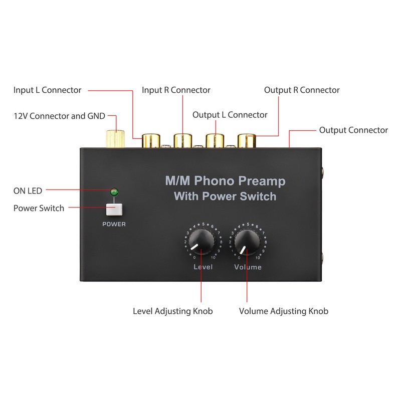 M/M Phono Preamp with Power Switch Ultra-compact Preamplifier with Level