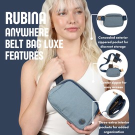 Rubina Anywhere Belt Bag LUXE | Crossbody Bag for Women | Unisex Hip Waist Pack for Hiking, Workout, Running, Traveling, Festivals | Chest Bag | Adjustable Strap | Metal Buckle (Blue Jeans)