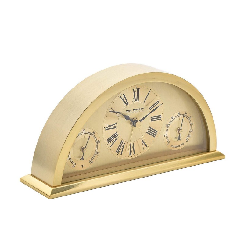 WILLIAM WIDDOP Gold Aluminium Crescent Mantel Clock