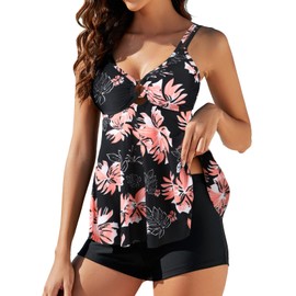 Genfien Women 2 Piece Tankini Swimsuits Double Shoulder Straps Printed Top with Boyshorts Swimwear Bathing Suit Rose