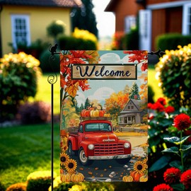 Gormcore Welcome with Vintage Truck and Pumpkins Fall Garden Flag Vertical Double Sided Garden Flag Seasonal Rustic Yard Lawn Outdoor Decor 12.5x18"