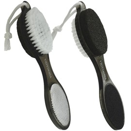 YIOYOODA Foot File Callus Remover 4-in-1, 2 Pcs Feet Scraper Pedicure Tools with Pumice Stone, Scrubber Brush, Foot Rasp and Sand Paper, Double Sided Multi Purpose, Clear Black