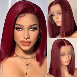 99J Burgundy Short Bob Wig Human Hair 13x4 Straight Lace Front Wigs Glueless 180 Density Pre Plucked Baby Hair Brazilian Remy Colored Hair Transparent Frontal Wigs for Black Women 14inch