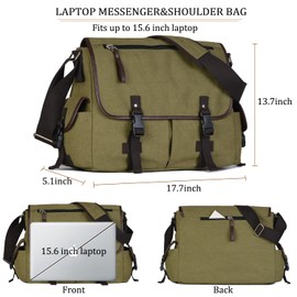 Vintage Canvas 15.6 inch Laptop Messenger Bag for Men Women, College Computer Satchel Shoulder Bag Travel Office Briefcases (Green)