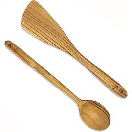 FAAY 12.5 Inch Wood Utensil Set (2 PCS), Teak Wooden Spatula & Spoon, 100% Natural from High Moist Resistance Teak Wood, Healthy Wooden Spoon Spatula for Non Stick Cookware
