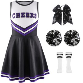 JELEUON Kids Girls Cheerleading Uniform Outfits Dance Dress With Match Pom poms Socks Hair Tie Cheerleader Set