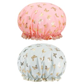 Bath Caps Elastic Band Waterproof Shower Caps With Ruffled Edge Covering Ears Keeping Hair Dry Kitchen Oil-proof Cap for Girls and Women (butterfly)