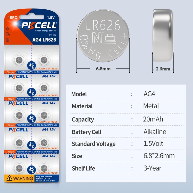 PKCELL 10Pcs LR626 Battery 377 SR626sw Watch Battery 1.5Volt Alkaline