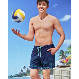 SURF CUZ Mens Swim Trunks with Compression Liner 5" Swim Shorts Quick Dry Bathing Suit Swimming Trunks Zipper Pockets Dark Blue Twig Medium