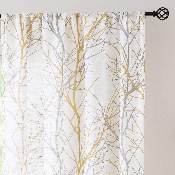 Semi-Sheer Yellow White Curtains 84-inch Long Living Room Yellow Grey Tree Branches Curtain Panels on White Linen Textured Draperies Rod Pocket Window Treatment Set for Bedroom 50”W 2 Panels