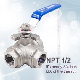 Horiznext NPT 1/2 threaded stainless steel 3 way T port with mounting pad ball valve, manual control water flow pipe gas hose heater hydraulic draining air pex tube (1 pc)
