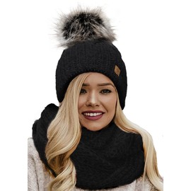 4sold Women's Ladies Beanie Scarf & Hat Pom Pom Warm Winter Natural Wool Mohair Lining Full Cosy Fleece Liner - Set Birma Black