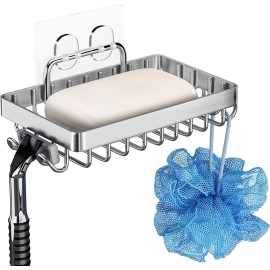 TESOT Shower Soap Holder with 4 Hooks, 304 Stainless Steel Adhesive Soap Dish, Silver