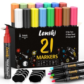 Lenski Chalk Pens for Windows, 21 Chalk Pens for Blackboard, Washable, 6 mm, Blackboard Pens, Chalk Markers, Window Pens, Washable Window Painting Pens, Glass Colouring Pens & Whiteboard Markers