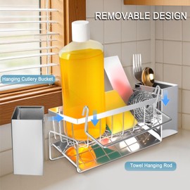 USHOP Sink Organiser, Sponge Holder Kitchen, Sink Organiser with Dish Cloth Holder and Storage Box, Automatic Sink, No Drilling, Space-Saving, Stainless Steel, for Kitchen and Bathroom