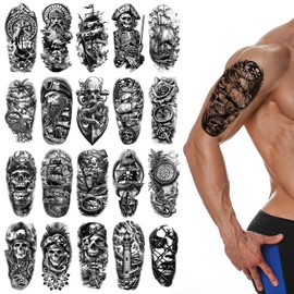 HZHSGLY 20 Sheets Pirate Tattoos, Fake Tattoos Realistic Half Arm Pirate Skeleton Ship Captain Anchor Compass Temporary Tattoos for Adult Men Women Kids Stickers
