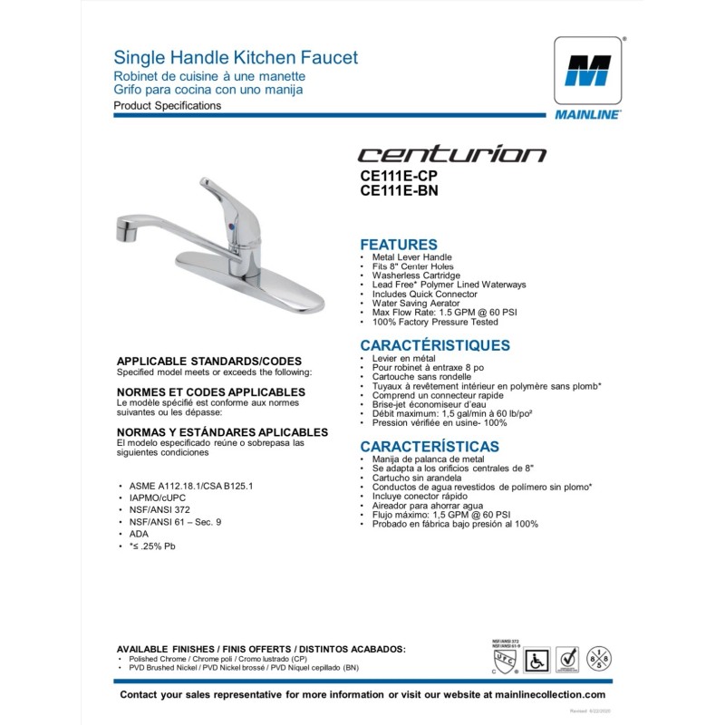 MAINLINE Centurion Single Handle Kitchen Faucet 1.5GPM #CE111E-CP BRAND NEW