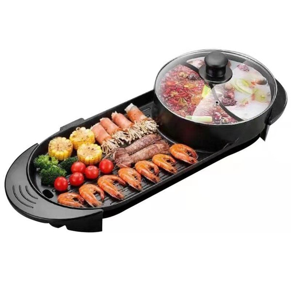 Hot pot with Grill 2 in 1 Electric BBQ Grill Shabupot 2200W Non-Stick Korean Barbecue Grill Indoor for 2-12 People Independent Dual Temperature Control 110V(27 Inch)
