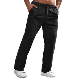 Runcati Mens Corduroy Pants Elastic Waist Straight Leg Casual Pleated Pants with Pockets Black