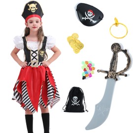 Rabtero Kids Pirate Costume, Girls Luxury Pirate Princess Dress with 7pcs Accessories, Pirate Cosplay Dress Up Set for Kids 5-6 Years