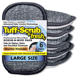 Fresh Scrub-N-Wipe Pad by Tuff-Scrub, 6-Pack, Antimicrobial & Charcoal Foam for Odor Control, Microfiber, Multi-Surface, Non-Scratch, Dual-Sided, Machine Washable, Kitchen Sponge (Large)