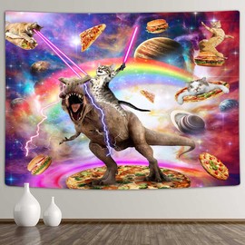 Xguatan Funny Cat Tapestry, Cool Cat Riding Dinosaur on Fantasy Galaxy Space,Cute Hilarious Outer Universe Anime Tapestry for Bedroom Living Room Dorm, Panels 60 x 40 Inch
