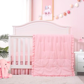Cloele 3 Pieces Crib Bedding Set Standard Size Baby Bedding Set - Solid Ruffle Quilted Set Includes Comforter Fitted Sheet Crib Skirt for Girls - Cute Ruffled Nursery Set Baby Crib Set Pink