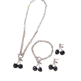 DATOA Sweet Cherry Pendant Necklace Bracelet Earrings Set 3D Cute Fruit Earrings Bracelet Creative Fruit Red Cherry Choker Necklace Fashion Jewelry for Women - Black