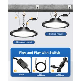 StarMoitic UFO LED High Bay Light with Switch, 160W 4 Pack 25000LM High Bay LED Shop Lights, Plug in Garage Lights w/ 6.6ft Power Cord, 6500K Hanging LED Lights for Workshop, Warehouse, Gym, Barn