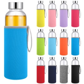 Vesici 12 Set 18 oz Clear Glass Water Bottles, Reusable Glass Juicing Bottles with Protection Sleeve and Stainless Steel Leak Proof Lids for Milk Smoothie Juice Beverage Tea (Colorful,Low Profile)