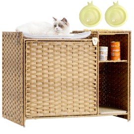 Gitelsnour Cat Litter Box Enclosure, Litter Box Furniture Hidden with Washable Cat Mat, Cat Litter Mat, 2 Feeding Bowls, 2 Hooks, Shelf, Handwoven Rattan Cat Condo, Natural GCLB002N