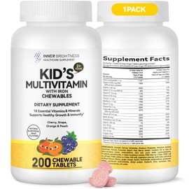 Children's Chewable Multivitamin - 18 Essential Vitamins & Minerals for Kids, Supports Bone, Focus & Immune Health, Vegetarian, Gluten Free, Non GMO - 200 Chewables, Mixed Fruit Flavor