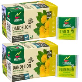 Hanan Dandelion Herbal Tea 50 Teabags (Diente de Leon) - Pack of 2 Box with 25 Tea Bags Each of All-Natural Dandelion Root and Leaf from Peru