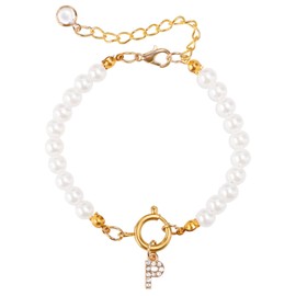 Mikovivi Pearl Bracelet with Initials, Fashion Golden Pearl Bracelet Dainty Rhinestone Letter Bracelet for Women Letter Bead Bracelet Gift for Women, M, Stainless Steel