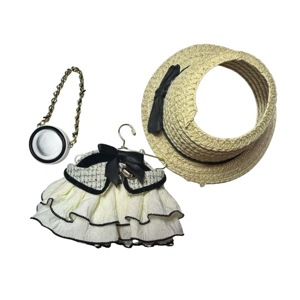 Handmade Doll Clothing Set, White Ruffled Dress with Black Bow,