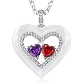 LOUISA SECRET Shell Double Heart Birthstone Necklaces for Women, 925 Sterling Silver Fine Jewelry, Pendant Heart Necklaces Birthday Anniversary Christmas Gift for Women Wife Mom Girlfriend Lady