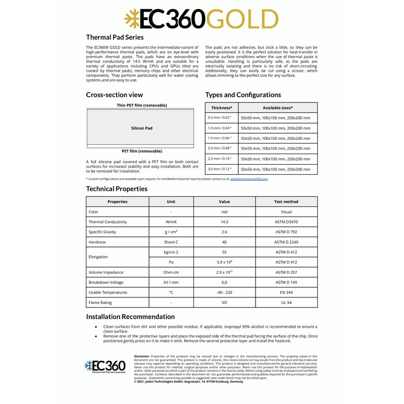 EC360® Gold 14.5W/mK Thermal Pad (100 x 100 x 2.5